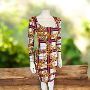 Elegant Gold and Red Patterned Dress small